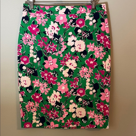 NWT J. Crew Factory Cotton Sateen Pencil Skirt Green & Pink Floral Size 0 - Picture 2 of 13